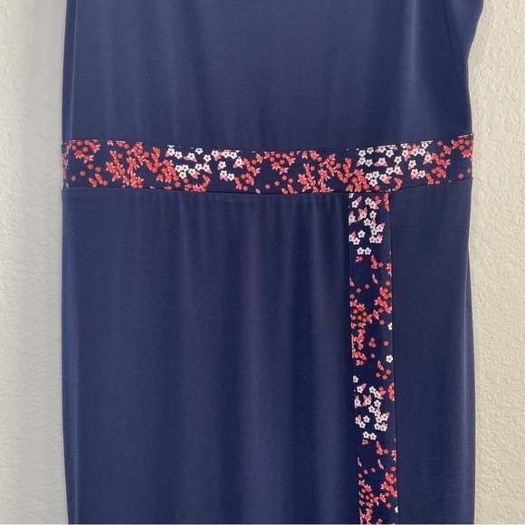 Michael Kors Border Print Faux Wrap Dress Navy Blue and Pink Floral Jersey Knit - Picture 4 of 9